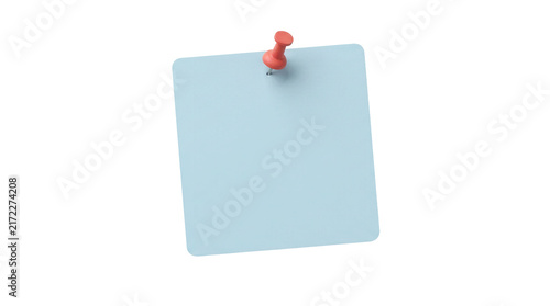 Light blue sticky note with red push pin, blank square paper memo on white background, office reminder note for message