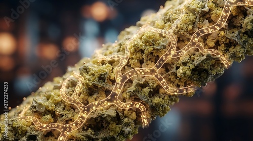 Macro view of cannabis flower bud with glowing digital network structures representing cannabinoid chemistry and pharmaceutical research technology