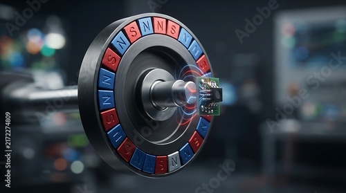 Magnetic encoder sensor detecting rotational position of a multipole ring magnet in a laboratory setting for precision motion control engineering