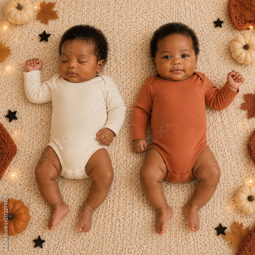 Adorable joyful twins dressed in cozy outfits surrounded by autumn decor, conveying warmth and family love.