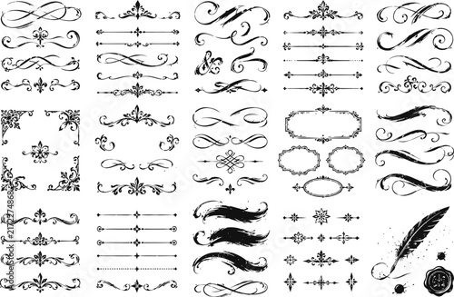 Vintage ornamental calligraphy design elements with flourishes, frames, dividers, and decorative accents
