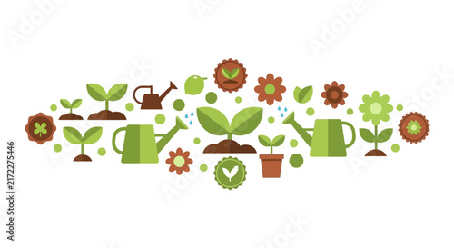 Flat Vector Illustration of Gardening Icons and Plant Growth Concept