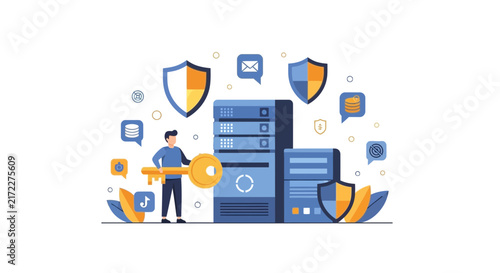 Cybersecurity and Data Center Protection Flat Vector Illustration
