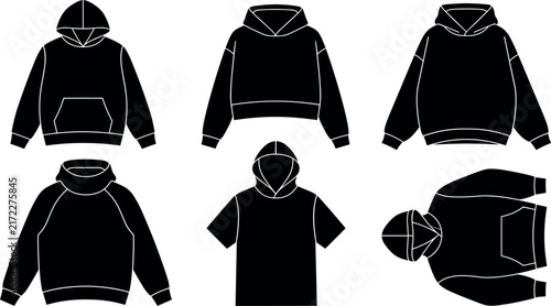 Black silhouette illustrations showcase various views of a hooded sweatshirt on a white background