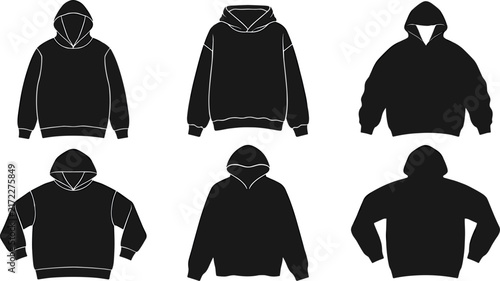 Six black silhouettes of hooded sweatshirts display various poses and design variations hoodie