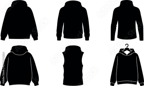 Black silhouettes of various hooded sweatshirts and a vest against a white background