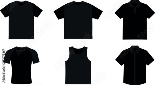 Black t shirts tank top and polo shirts are displayed as flat vector silhouettes on a white background