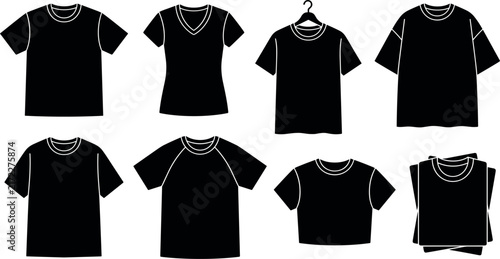 Black silhouettes of various t shirts displayed against a plain white background tshirt