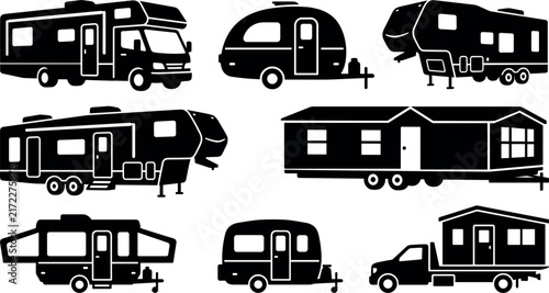Collection of recreational vehicle silhouettes showcases various camper and trailer designs in black