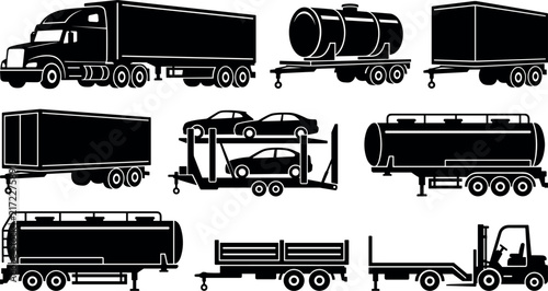 Collection of black silhouette transport vehicles including trucks tankers and car carriers on white