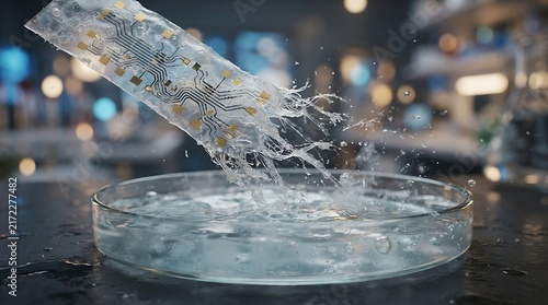 Flexible electronic circuit board being dipped into a laboratory petri dish with water splashes showcasing biotechnology and advanced material science