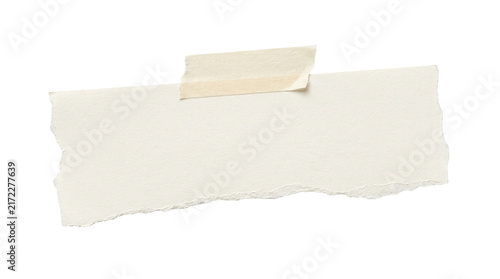 Foto Torn paper scrap with adhesive tape, ripped white paper note on white background