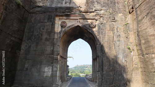 Massive Rock-Cut Kati Ghati Gateway in Chanderi, Madhya Pradesh, India.
