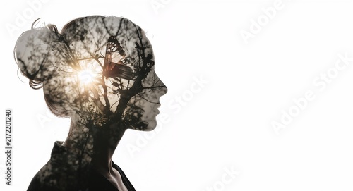 Silhouette of a person and a butterfly symbolizing transformation and nature in double exposure with copy space., A silhouette of a person merged with a butterfly representing transformation and