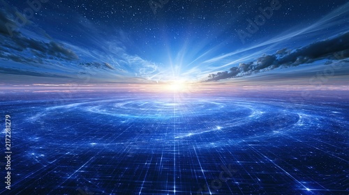 Abstract digital landscape with glowing grid and bright sunburst horizon