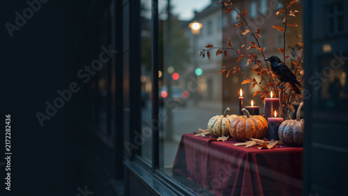 Halloween window display with decorated pumpkins candles and raven at dusk