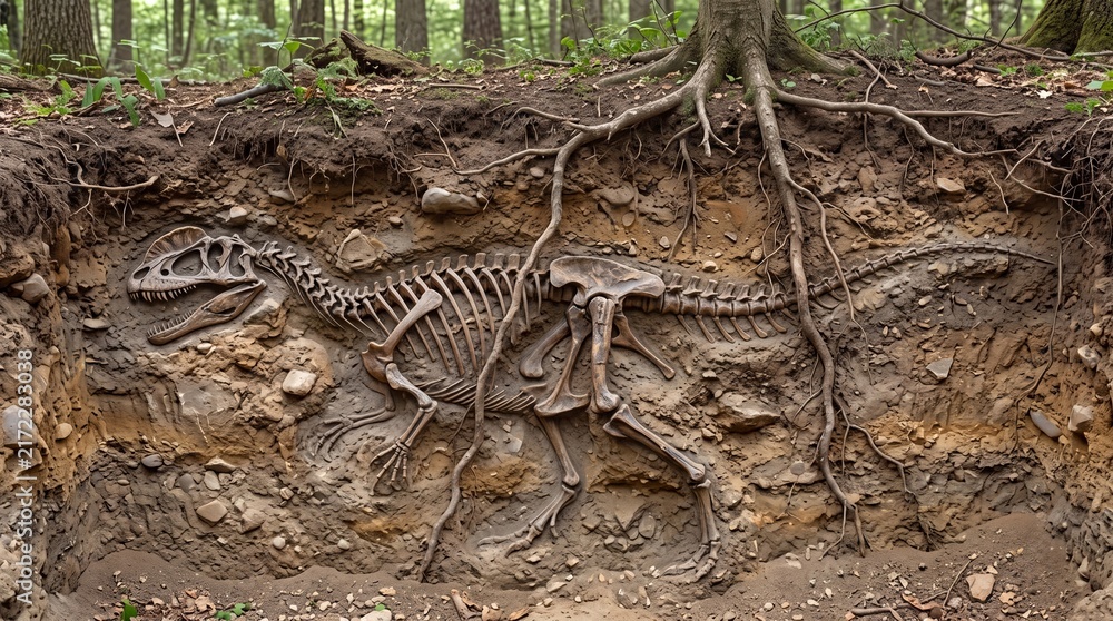 Naklejka premium Fossilized dinosaur skeleton buried deep underground within soil layers beneath tree roots in a forest.