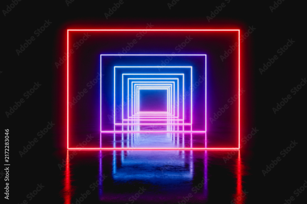 Fototapeta premium A futuristic neon tunnel with gradient frames, arranged in perspective on a dark reflective surface, creating a depth effect.