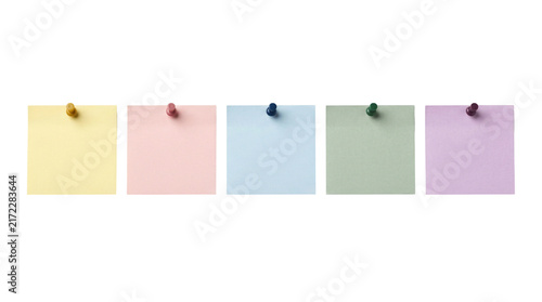 Obraz na płótnie Pastel sticky notes with push pins on white background, colorful adhesive memo p