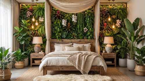 Luxurious master bedroom highlights vertical living wall with orchids and ferns behind canopy bed providing organic sanctuary for high end residential living.