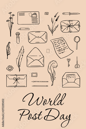 World Post Day card template with envelopes, letters, quills and stamps. Hand-drawn line art doodle vector style. Perfect for greeting cards, posters, or postal social media promo. Flatlay vintage sty