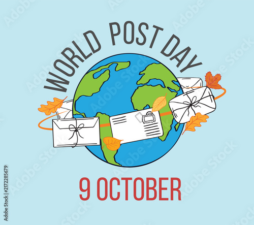 World Post Day October 9 banner with globe, flying letters and autumn leaves. Hand-drawn vector doodle style. Perfect for greeting cards, posters, or postal service social media promo