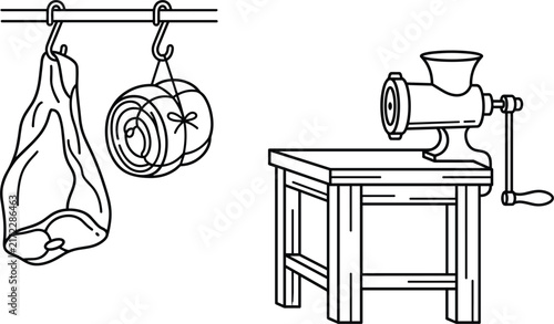 Cuadro en lienzo Traditional manual meat grinder on wooden table with hanging raw pork leg and ha