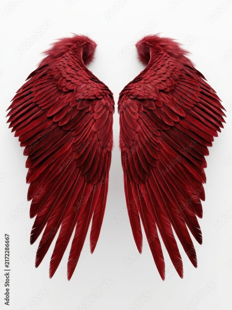 Naklejka premium Large Crimson Feathered Wings Isolated on White Background for Creative Design Projects