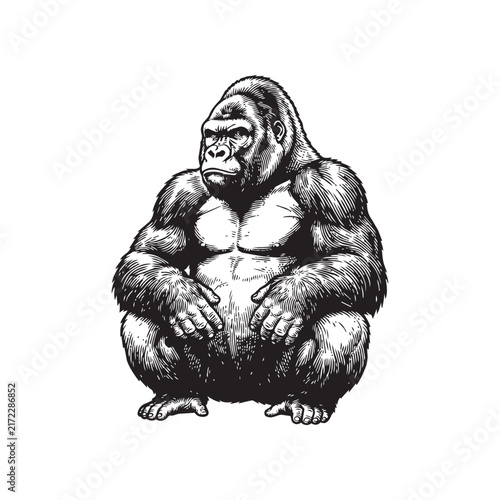 Engraving style sitting gorilla illustration