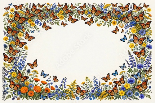 A vibrant border filled with fluttering orange monarch butterflies, blue blossoms, and yellow wildflowers surrounding a clean white background with central copy space for custom design.