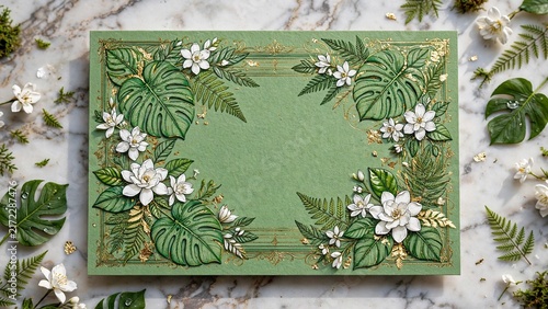 A luxurious sage green botanical frame adorned with embossed monstera leaves, white flowers, and gold details on a marble background with copy space.