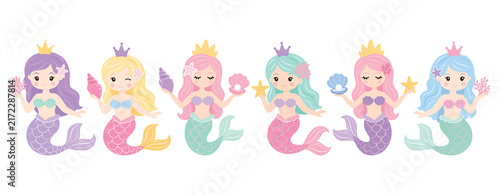 Cute mermaid princess illustration set featuring six colorful cartoon characters with crowns, seashells, starfish, coral and flowing tails, isolated on a white background for kids’ designs. and crafts