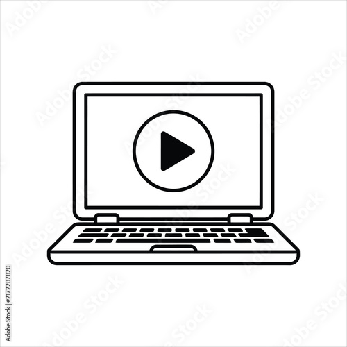 Open laptop displaying a play button icon during digital content creation isolated on white background