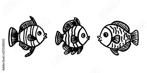 Set hand drawn happy funny cute fish Adorable friendly kawaii tropical fish Underwater world sea life ocean Fishing seafood For design, kids print, kids books, nursery decor, coloring pages, logo