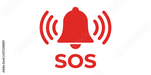 Картината върху платно Red sos alarm bell icon with sound waves and text for emergency alert systems