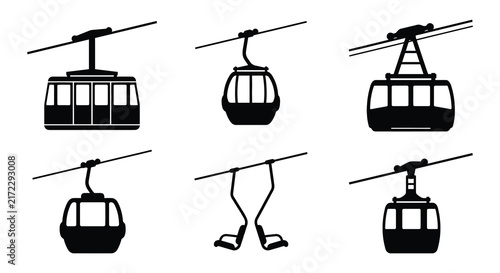 фотографія Aerial tramway silhouettes depict various cable car designs on a white backgroun