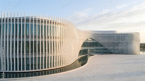 Modern architectural building with curved glass facade and vertical sun shading fins in bright daylight