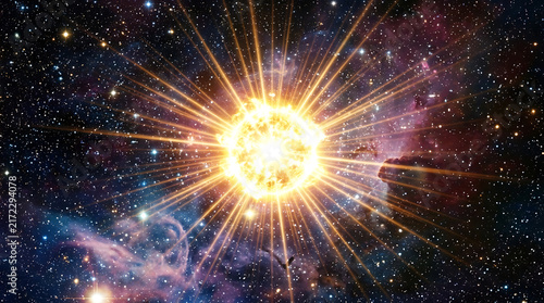 Supernova explosion with bright glowing light and starburst in deep space universe
