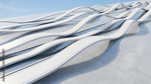 Modern architectural building exterior with white curved structural lines and smooth geometric shapes against blue sky