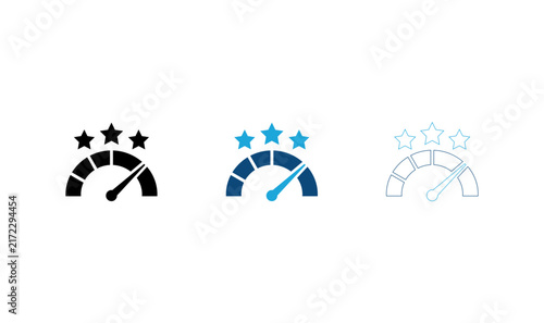 Performance speed rating dashboard gauge icon with three success stars showing top result.