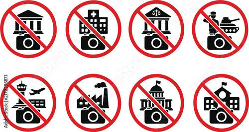 Collection of prohibition signs for photography featuring various buildings and vehicles with a camera icon crossed out representing restricted areas and no photo zones