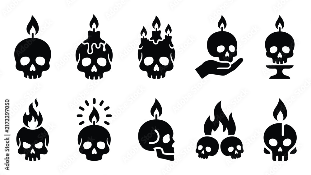 Fototapeta premium Skull and candle silhouette icons for gothic halloween and mystical occult design themes