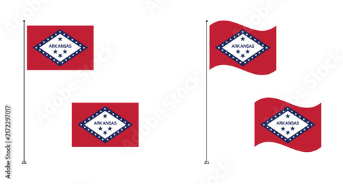 Arkansas state flag vector set with waving and flat variations on flagpole isolated white background