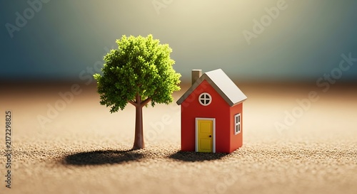 Miniature red house with a vibrant green tree standing next to it on a textured earthy ground, symbolizing home, nature, and simple living.