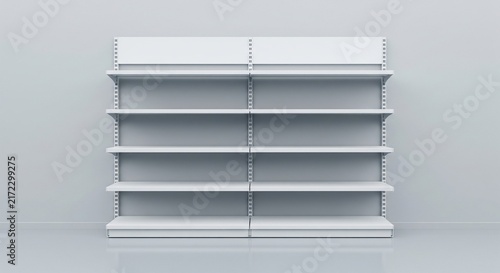 Blank Modern Retail Display Shelf Unit with Empty White Shelving for Merchandise Product Presentation and Store Layout Design
