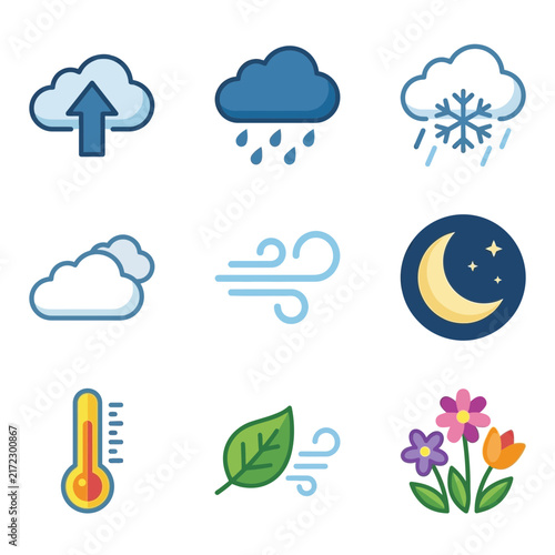 Bild auf Leinwand A meteorological icon set displays weather phenomena including rain, snow, wind, sunshine, clouds, and temperature for forecasting