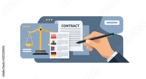 Digital International Contract Signing with Justice Scales and Flags Vector