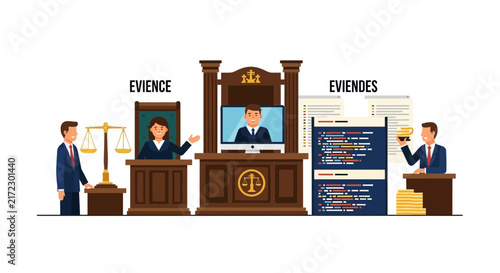 Virtual Courtroom and Digital Justice Vector Illustration with Online Judges