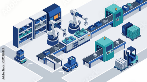 Modern Automated Factory Production Line Illustration.