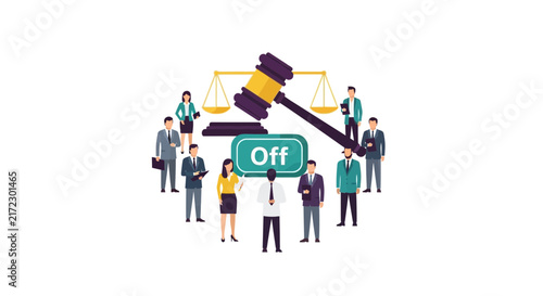 Business Law Concept with Legal Gavel, Scales, and 'Off' Switch